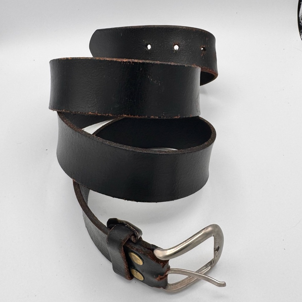 Vintage 90s Black Leather Belt | Silver Buckle & Brass Rivets | Large 35–42” Fit